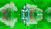 a painting of a woman standing in a body of water with flowers in the background