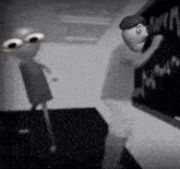 a cartoon character with big eyes is standing next to a man writing on a blackboard