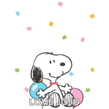 a congratulations card with snoopy holding balloons and the words love jojo