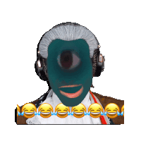 a man wearing headphones and a blue mask has a bunch of smiley faces around his face
