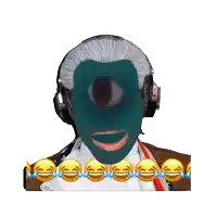 a man wearing headphones and a blue mask has a bunch of smiley faces around his face