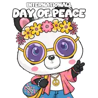 an illustration of a panda wearing sunglasses and a flower crown says international day of peace