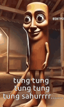 a cartoon character dressed as a sausage is standing in a room with a caption .