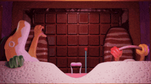 a cartoon scene with a large chocolate bar in the background and a purple curtain