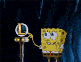 a cartoon drawing of spongebob with a league of legends logo in the background