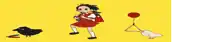 a girl in a red dress is surrounded by birds and hamsters