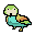 a pixel art drawing of a green bird with a surprised look on its face .