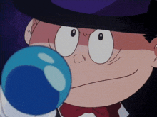 a close up of a cartoon character holding a blue ball in his hand