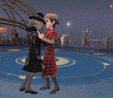 a man in a detective hat is holding a woman in a peacock outfit