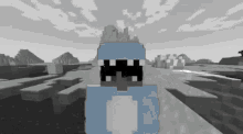 a black and white image of a person in a shark costume in a minecraft world .