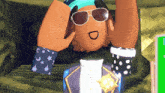 a cartoon character wearing sunglasses and a hat has the letter d on his head