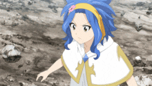 a girl with blue hair is wearing a white cape and a flower in her hair