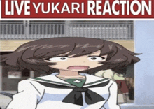 a picture of a girl with the words live yukari reaction above her