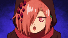 a close up of a girl with pink hair and a hood