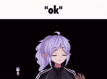 a girl with purple hair says " ok " in a black background