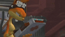 a cartoon fox is holding a book with a red cross on it