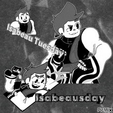 a black and white drawing of a man with the words isabeau tuesday at the bottom