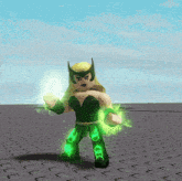 a girl in a green superhero costume is holding a green sphere