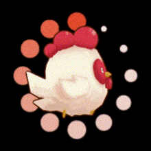 a white chicken with red feathers on its head is surrounded by orange circles