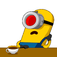 a cartoon minion is sitting at a table with a cup of coffee in front of him