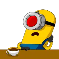 a cartoon minion is sitting at a table with a cup of coffee in front of him