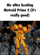 a picture of samus from metroid prime 2 dancing with a group of robots behind him .