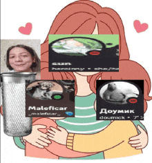 a cartoon of a woman hugging a child with pictures of maleficar and doumick behind her
