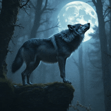 a wolf is howling at the full moon in the woods