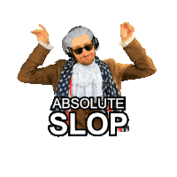 a man wearing headphones and a scarf with the words " absolute slop " on it