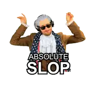 a man wearing headphones and a scarf with the words " absolute slop " on it