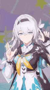 a girl with white hair and blue eyes is making a peace sign with her hands