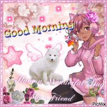 a picture of a girl with headphones and a white fox saying good morning