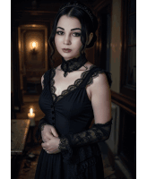 a woman in a black dress with lace sleeves stands in a dark room
