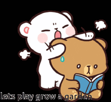 a cartoon of a teddy bear reading a book with the words let 's play grow a garden above it