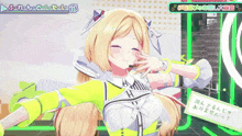 a girl in a yellow and white outfit with the letter h on her chest is smiling
