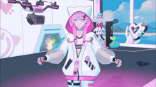 a girl with pink hair is standing in front of a camera