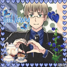 a picture of a man making a heart with his hands and the words " good morning " on the bottom