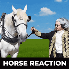 a man in a costume holds the reins of a white horse with the words horse reaction underneath