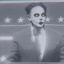 a man in a suit and tie stands in front of a microphone with glowing eyes