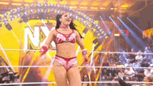 a woman in a bikini is standing in a wrestling ring with a crowd watching .