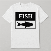 a white t-shirt with a fish and the word fish
