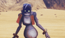 a cartoon character with blue hair and green eyes is standing in a desert .