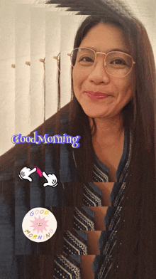 a woman wearing glasses and a good morning sticker on her shirt