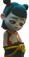 a cartoon character with blue hair and a red top with a flower on it