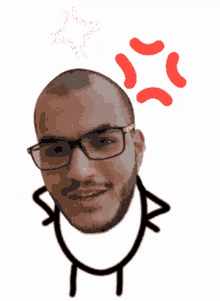 a drawing of a man 's face with glasses and a red star above his head