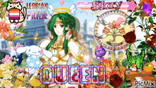 a picture of a queen surrounded by flowers and a cat