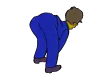 a cartoon drawing of a man in a blue suit bending down