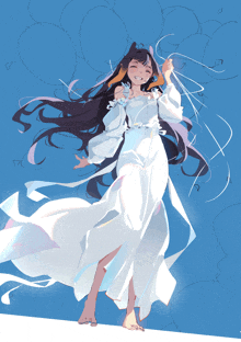 a drawing of a girl in a white dress with a blue background