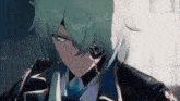 a close up of a anime character with green hair and blue eyes