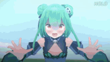 a girl with green hair and red eyes is standing in front of a blue sky with the word holo on the bottom